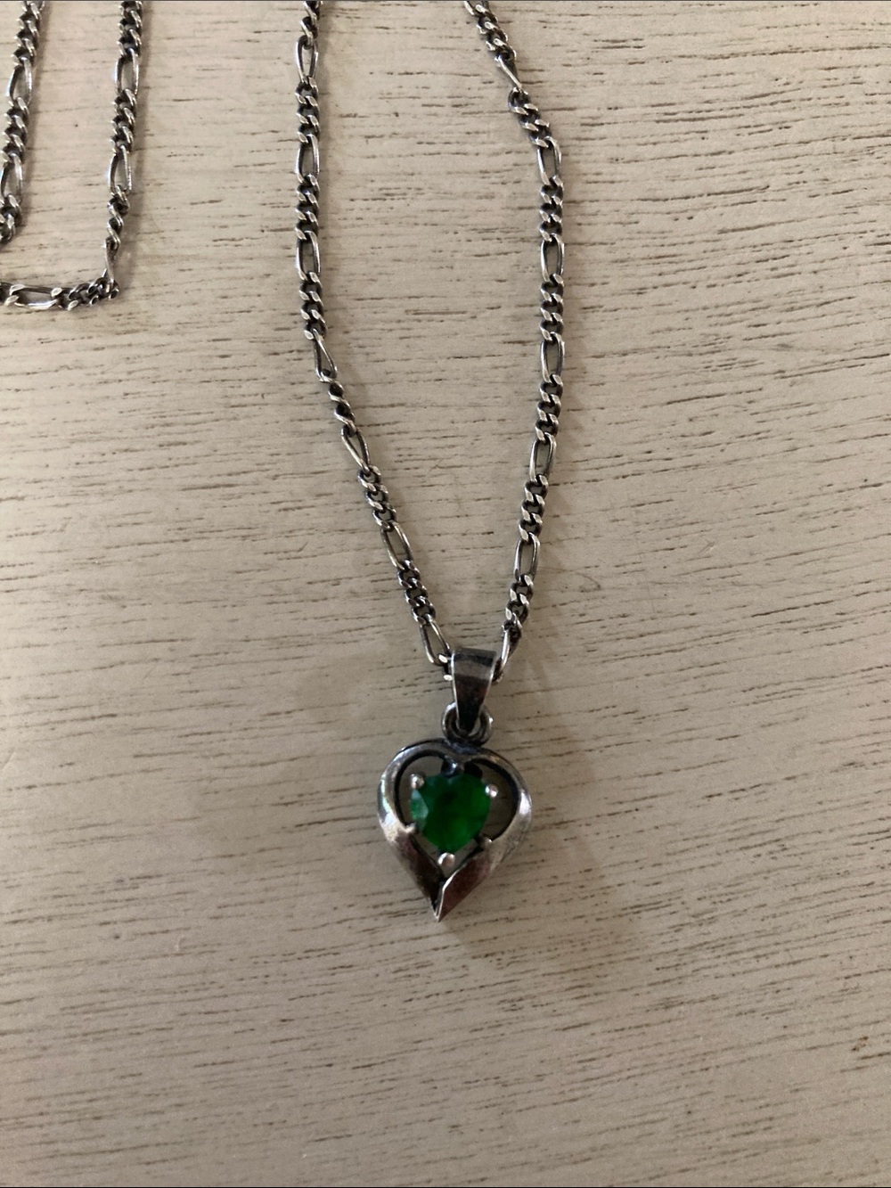 Silver Heart Pendant Necklace with Emerald Green Colored Gem